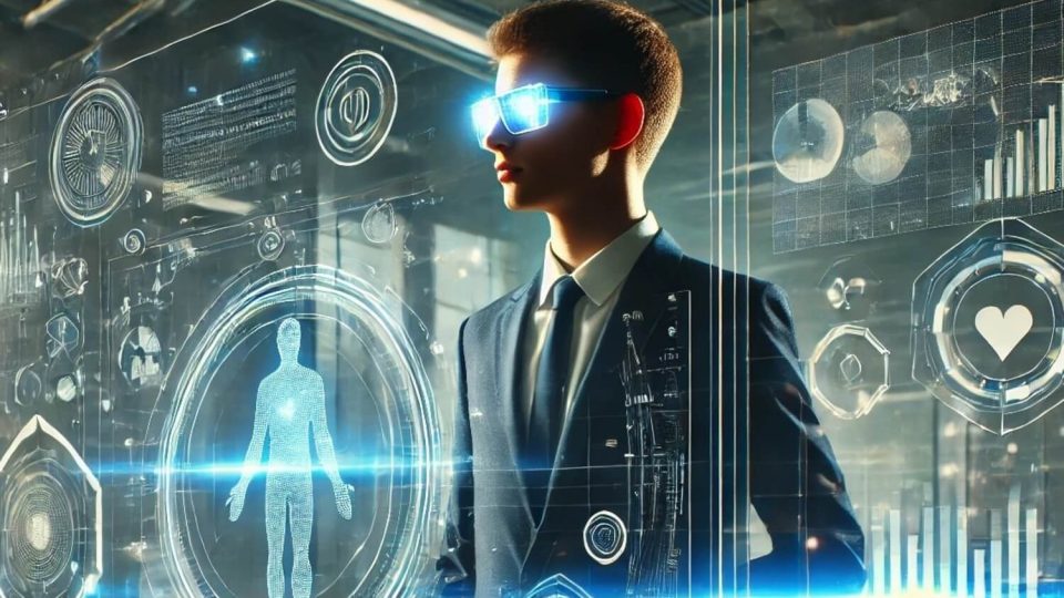 En framtidsinriktad HR-chef i kostym och högteknologiska smarta glasögon, omgiven av digitala hologram med data, AI-symboler och cybersäkerhetsikoner. Bilden symboliserar hur framtidens HR-ledare behöver navigera AI, cybersäkerhet och strategiska HR-frågor för att driva organisationens transformation.