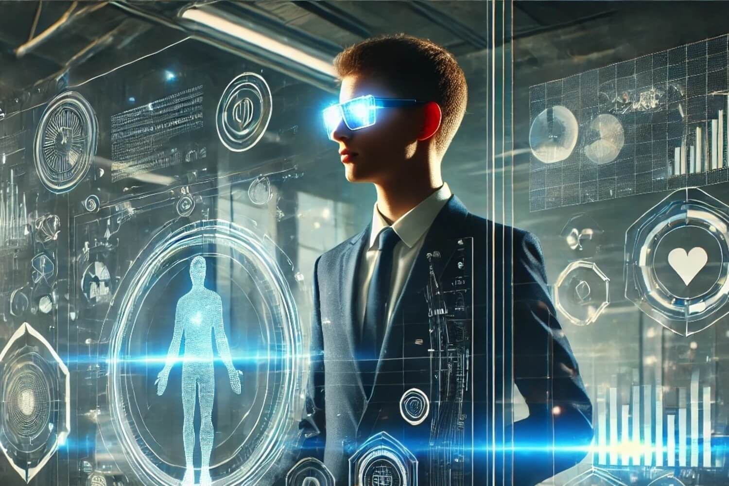 En framtidsinriktad HR-chef i kostym och högteknologiska smarta glasögon, omgiven av digitala hologram med data, AI-symboler och cybersäkerhetsikoner. Bilden symboliserar hur framtidens HR-ledare behöver navigera AI, cybersäkerhet och strategiska HR-frågor för att driva organisationens transformation.